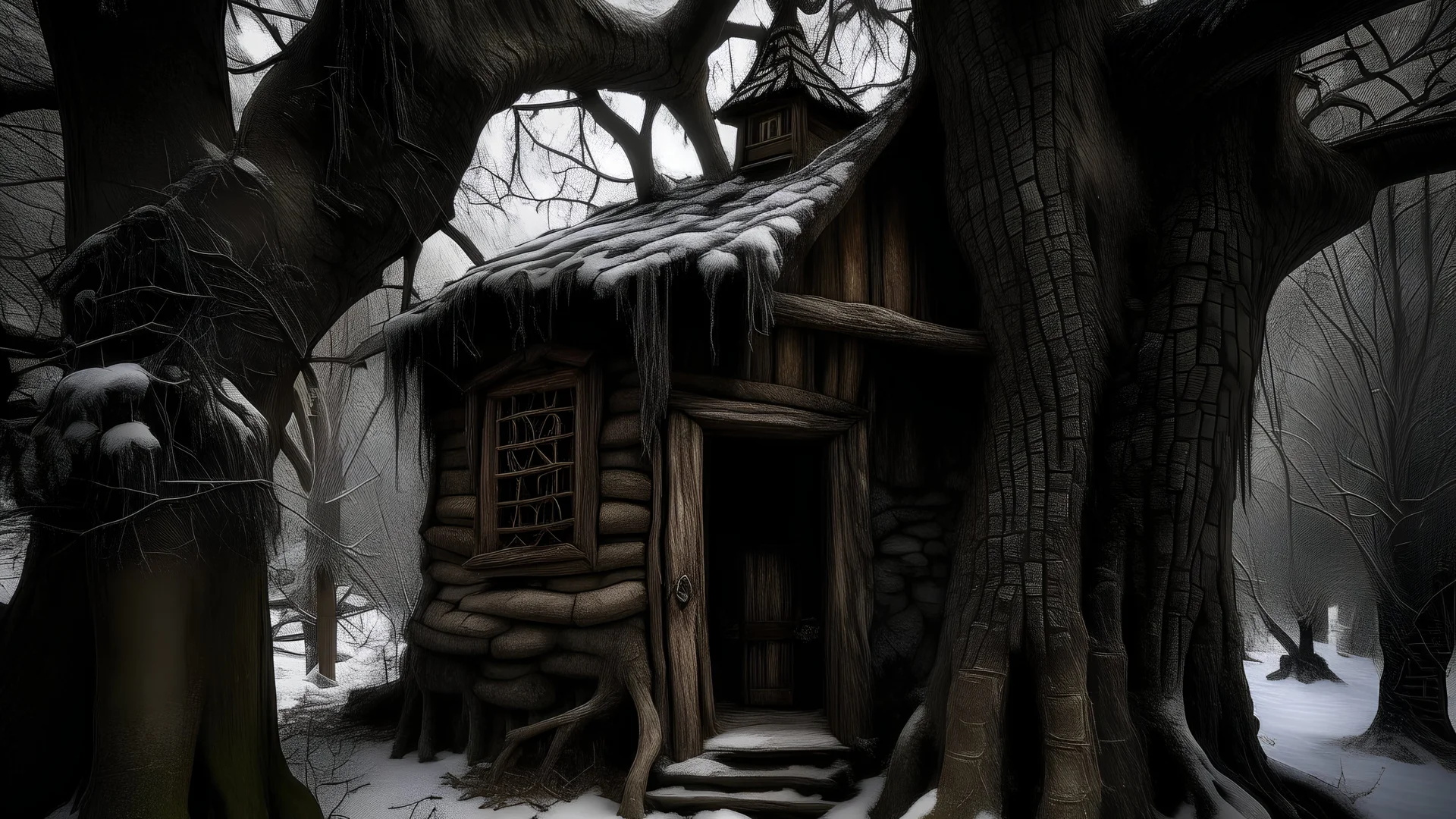 In the cold winter, the image of the old witch stands out in her old hut, which appears to have been built from the wood of ancient trees that have witnessed the passage of many ages. The bare trees around the hut stand like silent sentinels governing entry into this enchanted world. The narrow and antique windows reflect the mysterious properties of the place, with formations of cold ice scattered on their ancient glass like puzzles that humans cannot solve. The air was filled with the smell o