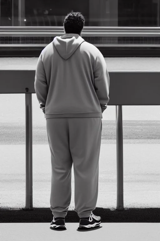 full figure shot back view of a fat guy , timid 45-year-old italian chubby in tracksuit, big buns, at bus stop photorealistic, ambient occlusion, sunlight