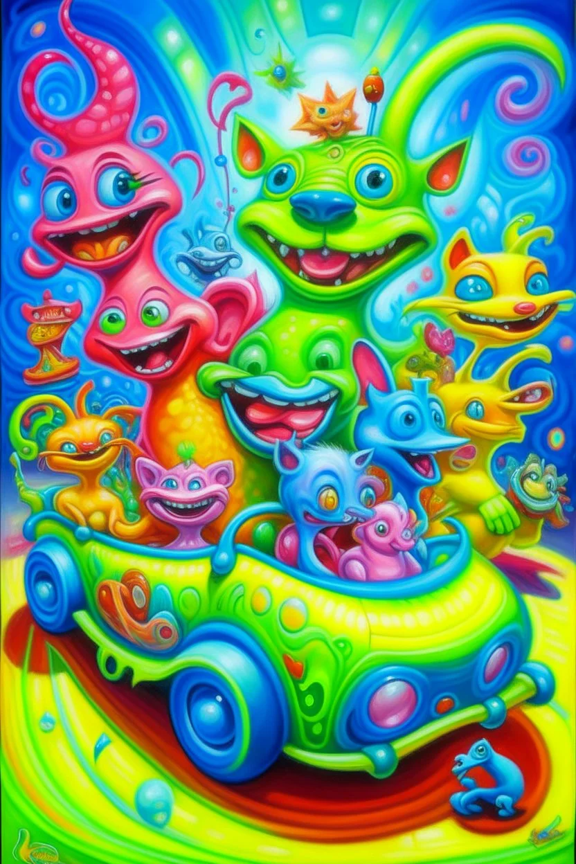 Lowbrow Pop Surrealism , A Whimsical high energy happy 1950’s Transparent Gelatin Animal Mascot Character parade, Oil Painting by Kenny Scharff