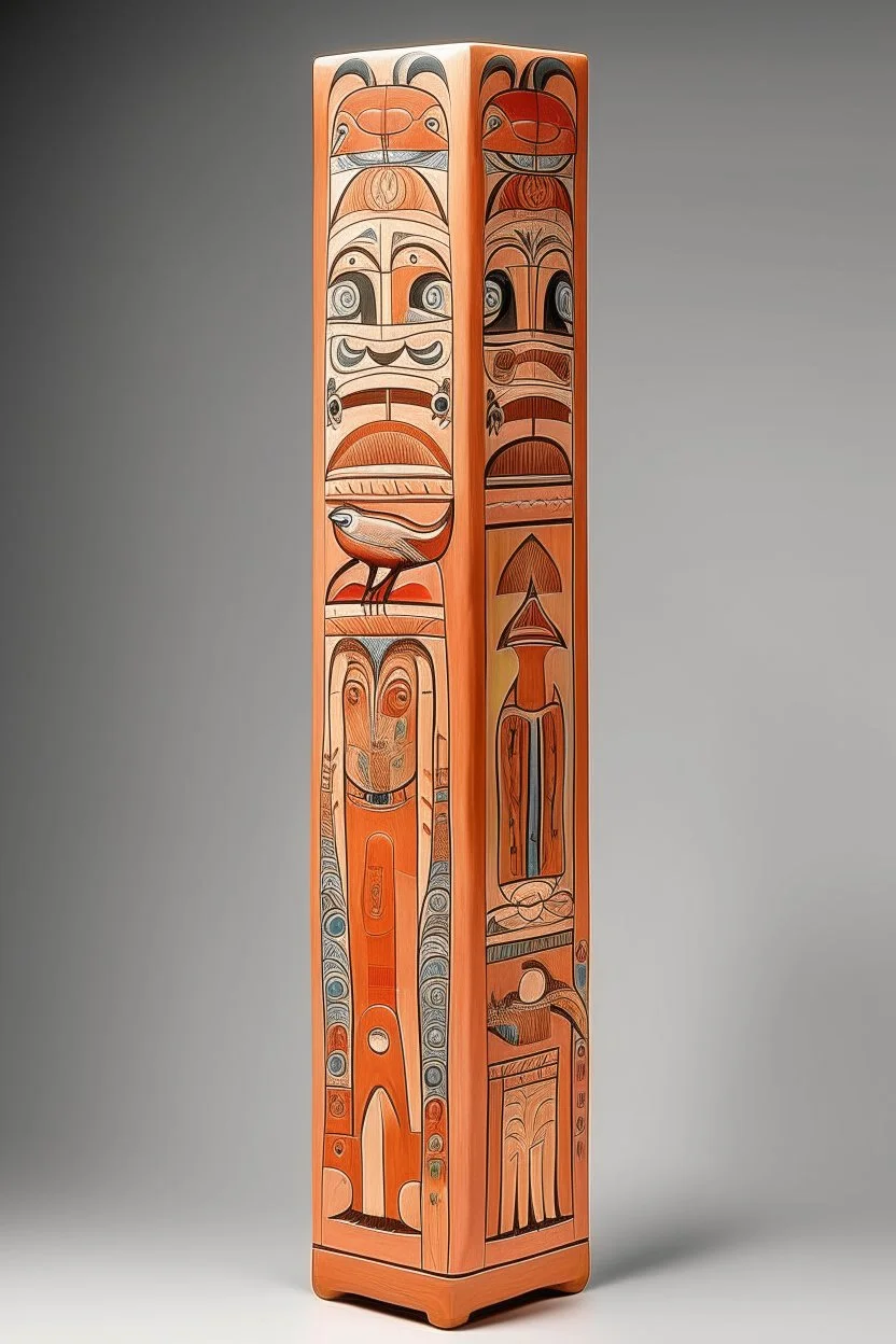 A light rosy orange colored savanna with animals designed in pacific Northwest totem poles painted by Frank Lloyd Wright