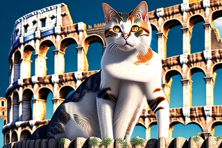 Mature shorthair cat is Julius Caesar, colloseum, Rome, perfect iris, sunny day, model style, hyper realistic, extremely accurate, delicate, extremely detailed, wide-angle, open aperture, superfine pencil