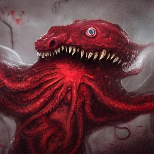 red, monster, tentacles, teeth, horror, detailed, realistic, gore, eyes, 4K, fantasy, scary, demonic, hyperrealism, huge, blood, creature, high quality