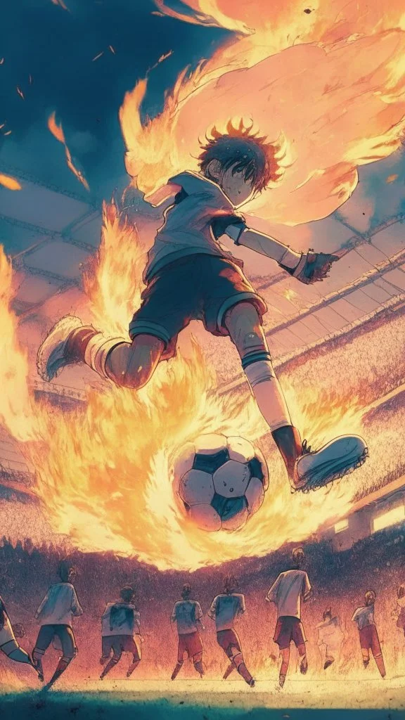 anime soccer player kicking a ball covered in fire, crowded stadium in the background