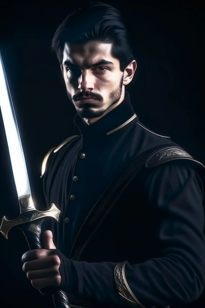 young european black hair adult royal guard swordsman with rapier