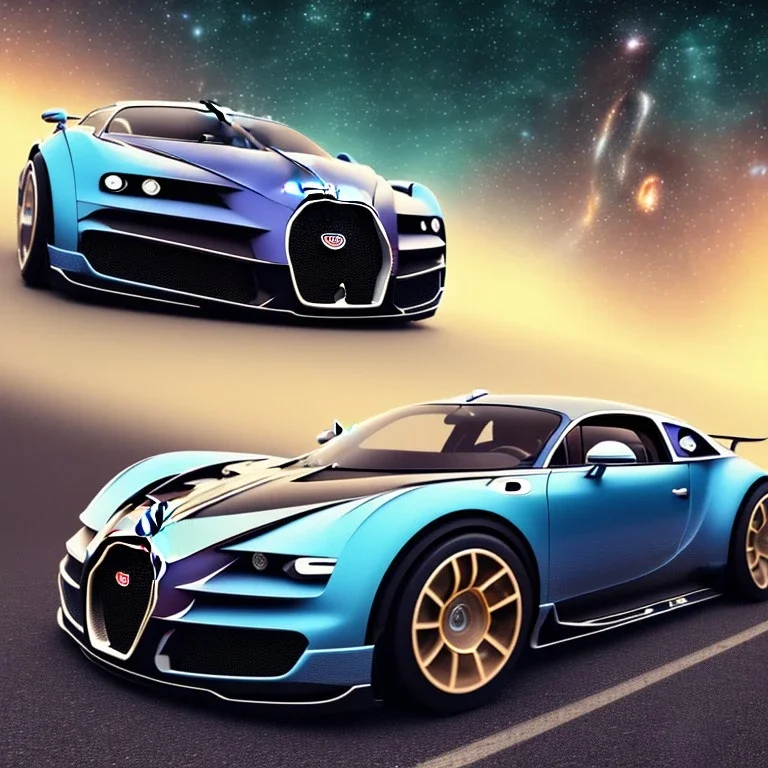 God like, extremely detailed bugatti style car (Centered on image), moving on a silk road through the galaxy, symetrical, HD, 4k, 8k, Photo realistic