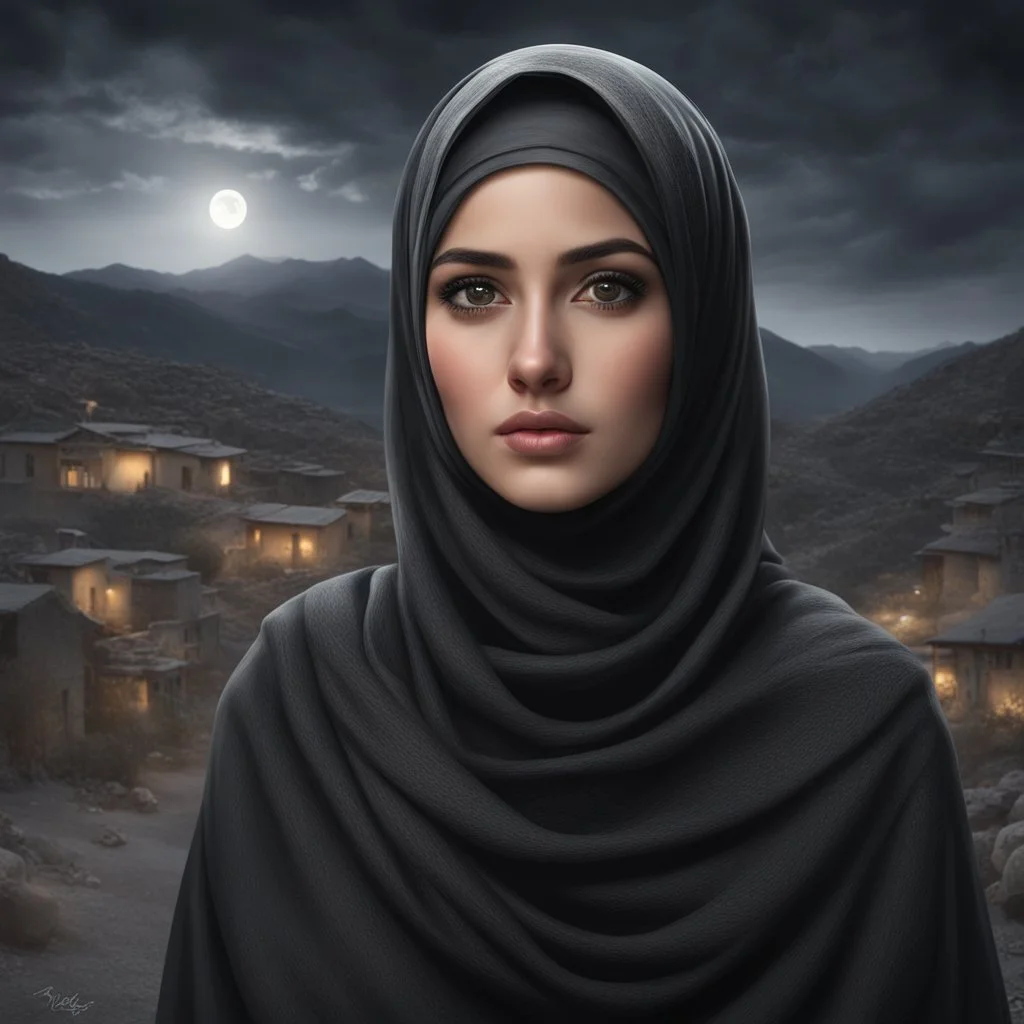 Hyper Realistic close-up-view of Beautiful Pashto Girl in hijab with beautiful hair & beautiful eyes fully-covered-in-black-dress-&-grey-shawl standing outside village-houses on mountain-top at night with cloudy-moonlight showing dramatic & cinematic ambiance