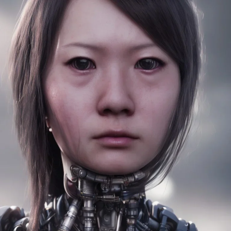 portrait closeup face half hitomi tanaka half cyborg middlecyborgs post-apocalypse in a cyberpunk city, sci-fi fantasy style, volumetric lighting, particales,highly detailed,cinamatic, deep colours,