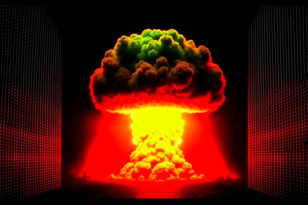 4K. FULL DETAILS. LOGO EMISSION DE RADIO HARDROCK FIRESTARTER TERMINATOR. EXPLOSION NUCLEAIRE EN FOND