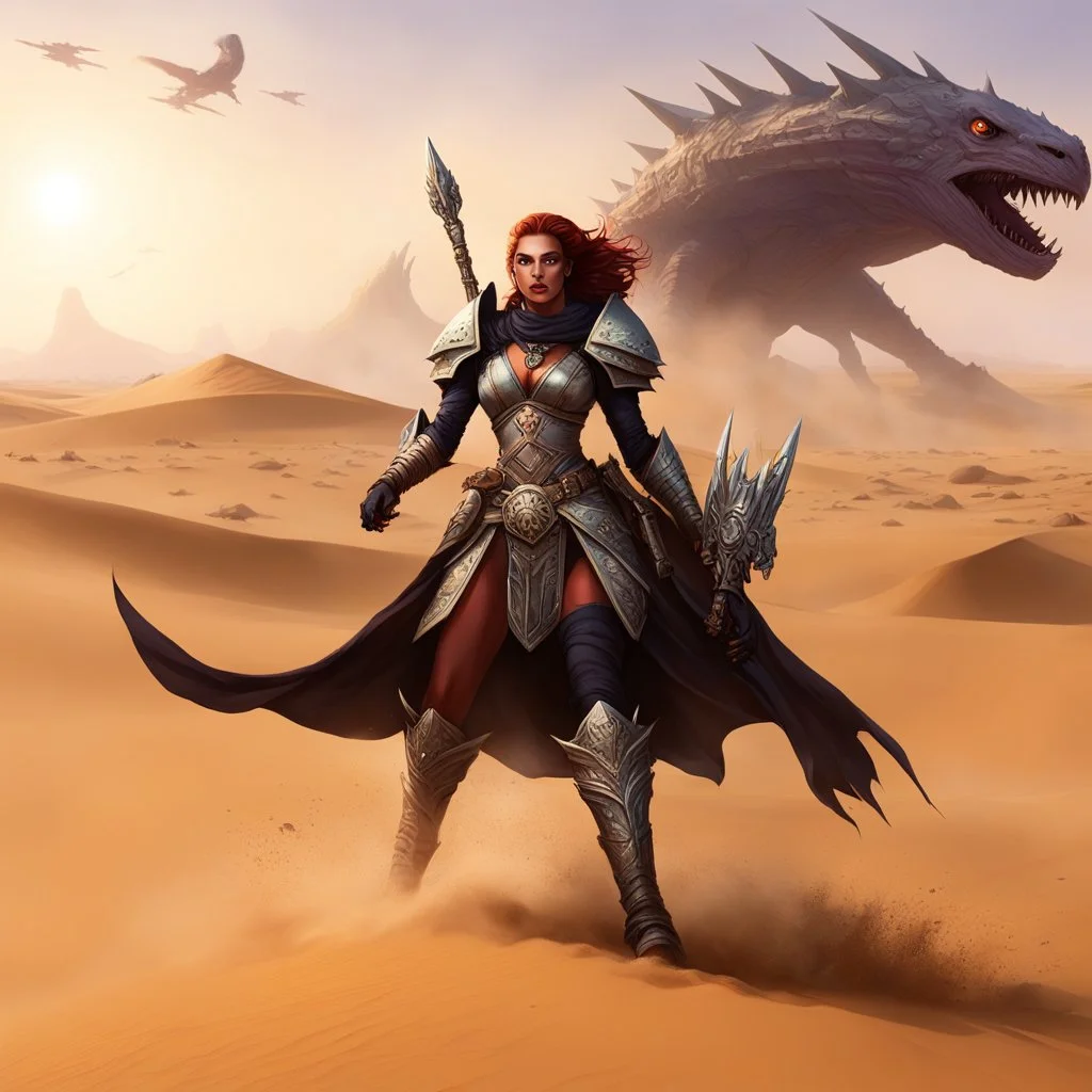 The desert stretches endlessly before Queen Zara, a Dune-like ruler with a heavy gun gripped tightly in her hands. Her regal attire billows behind her as she sprints across the vast, sandy dunes. Behind her, a grotesque alien monster gives chase in an organic spaceship. Its drooly, drooling head looms dangerously close, dripping with acidic saliva. Barbarian warrior woman fighting giant monster squid., the spaceship emits eerie, otherworldly sounds that reverberate through the barren landscape.