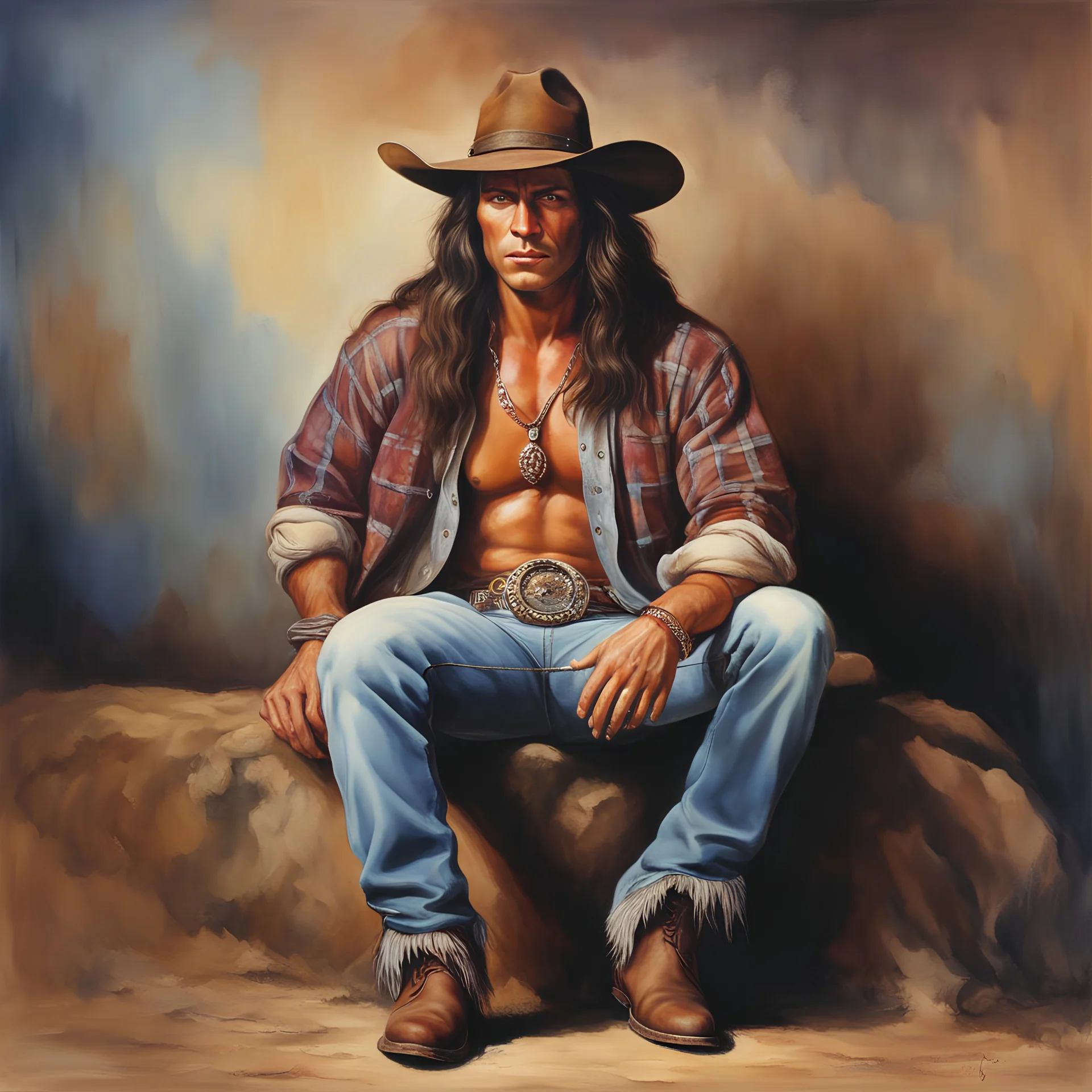 Conan the Barbarian wearing a long-sleeved plaid shirt, blue jeans, cowboy boots, and a cowboy hat, dark, multicolored watercolor stained wall in the background, oil painting in the art style of Boris Vallejo, 32k UHD, Hyper realistic, photorealistic, realistic, sharp, highly detailed, professional quality, beautiful, awesome, majestic, superb, trending on artstation