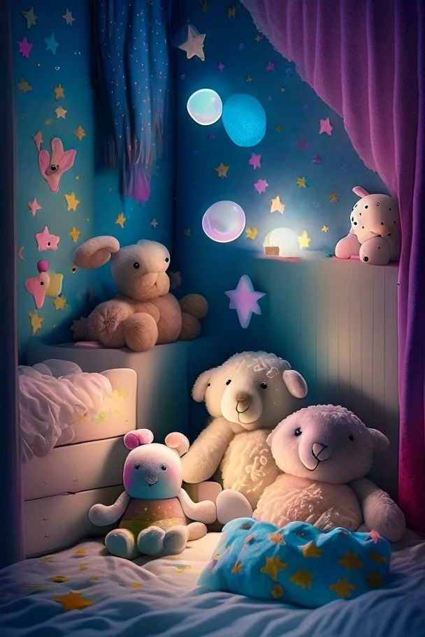 In a cozy child's room, nestled between colorful walls and fluffy pillows, lived a group of enchanting toys who magically came to life each night. Plushie the Sheep, Stardust the Star, Bubbles the Bunny, and Snuggles the Teddy Bear were the best of friends.