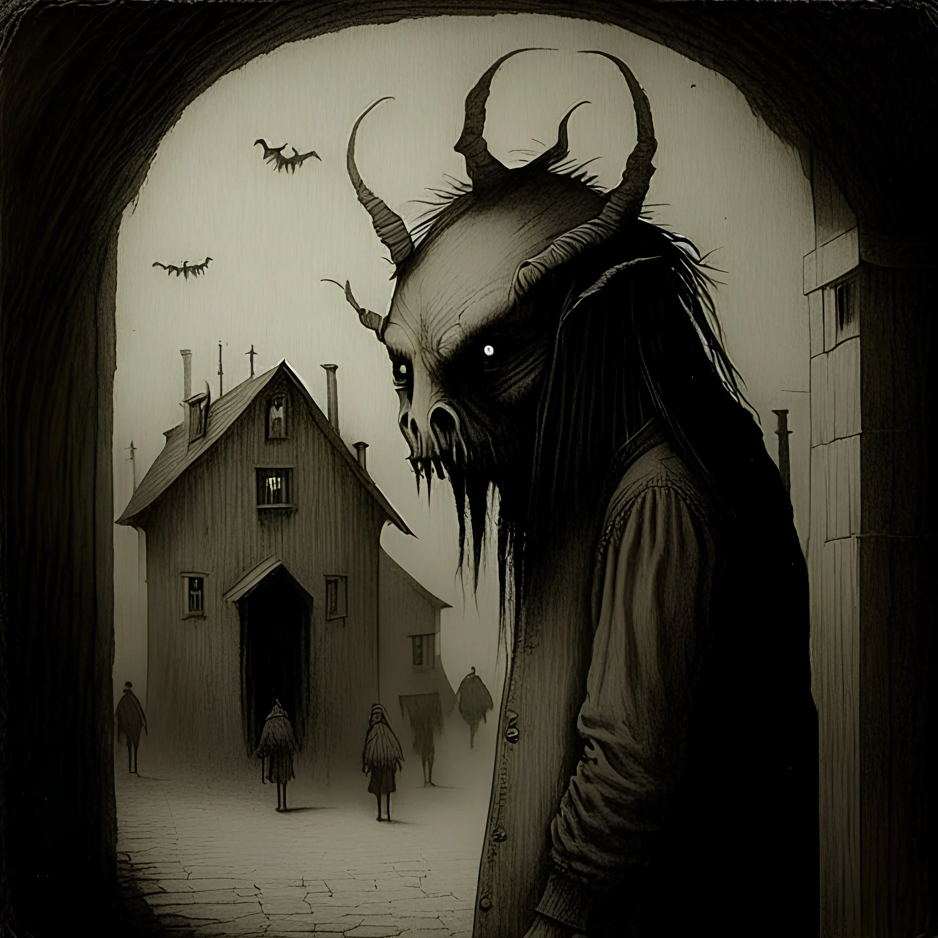 creepy, horrifying, sinister, Style John Kenn Mortensen, sepia tones,