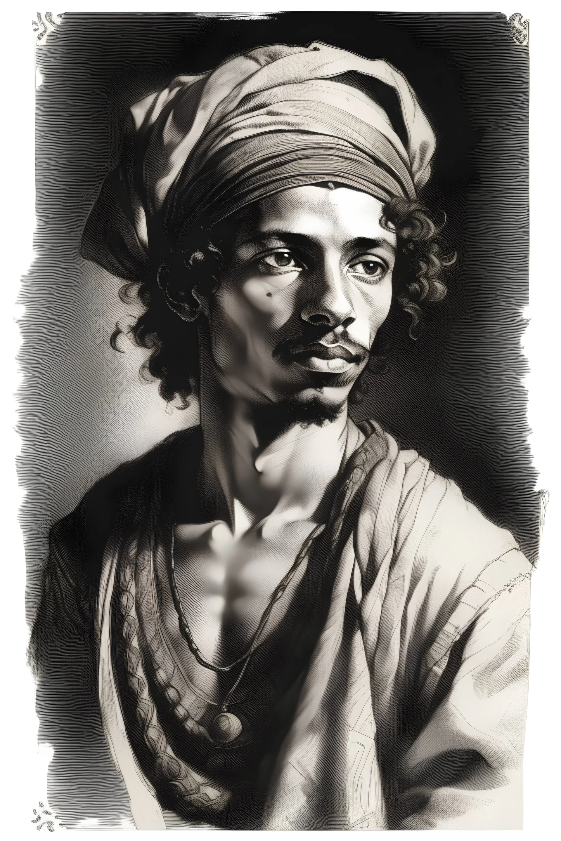 Black and white artistic painting, engraving and printing A young man from Upper Egypt works in the Ghait Rembrandt style