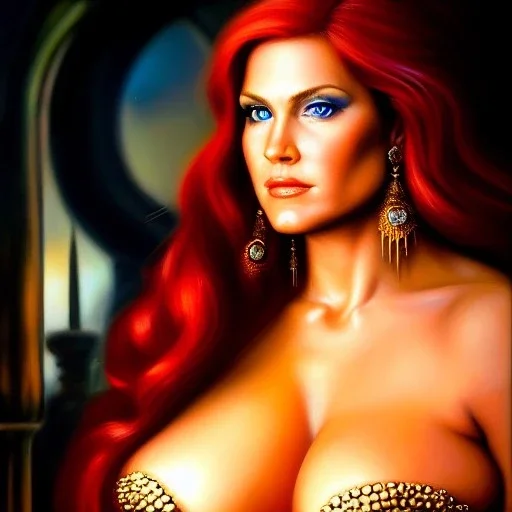 Ultra detailed fullbody Portrait in oil on canvas of beautiful busty Red Sonja ,extremely detailed digital painting, extremely detailed face,crystal clear Big Glowing eyes, mystical colors ,perfectly centered image, perfect composition, rim light, beautiful lighting, 8k, stunning scene, raytracing, anatomically correct, in the style of robert e howard and Ken Kelley and Ohrai Noriyoshi and Simon Bisley and tomzj1