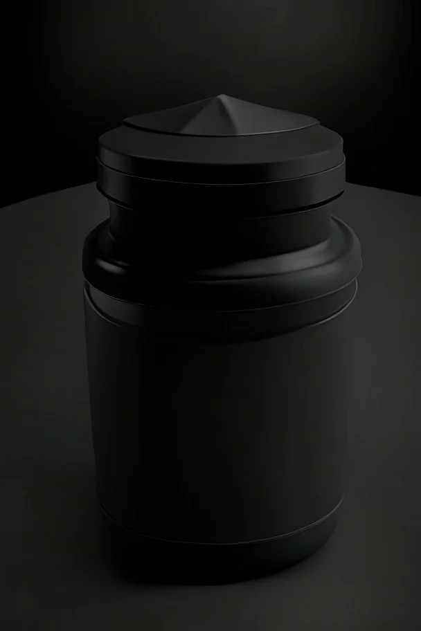 Black protein powder container, lid is not fully closed, screw lid, round container, black studio, black background, dark setting, no labels on the container, very detailed, realism, high quality