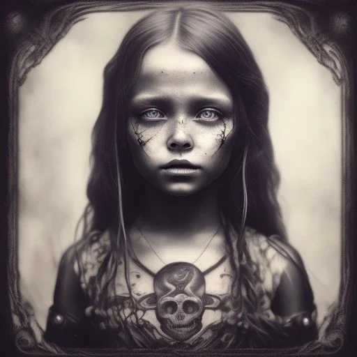 a little girl looking like a pirate with a tattoo in her face, steam punk, scary, horror, realistic, made in octane, cinematic, ultra-realistic, extremely detailed octane rendering, 8K, VRAY Super Real ar 2:3, dof photorealistic futuristic 50mm lens hard lighting dark gray tintype photograph, realistic lighting, sephia colors