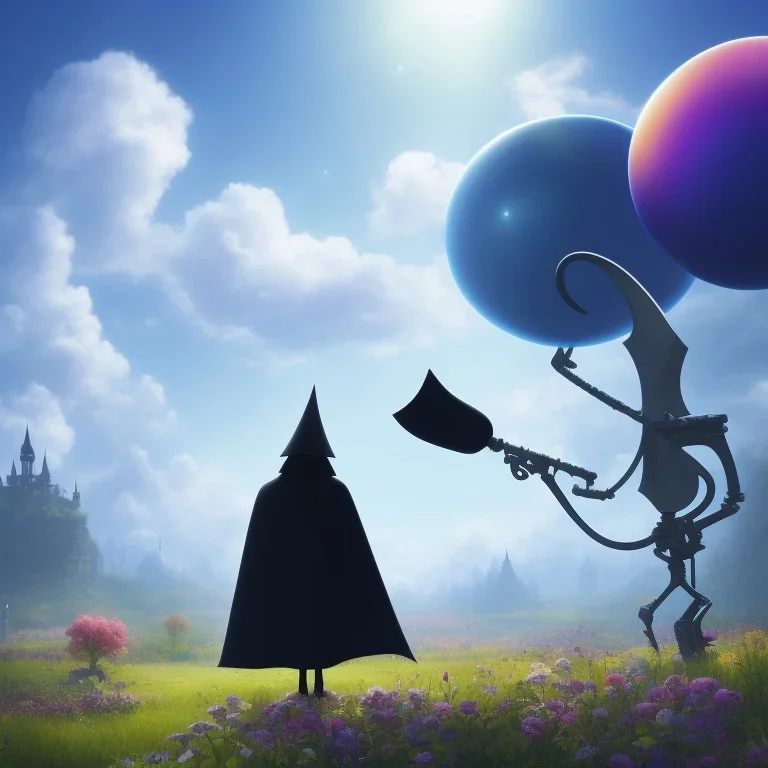 The mouse and the grim reaper discussing the future of the universe, on bubble world, art by Pixar and Magritte