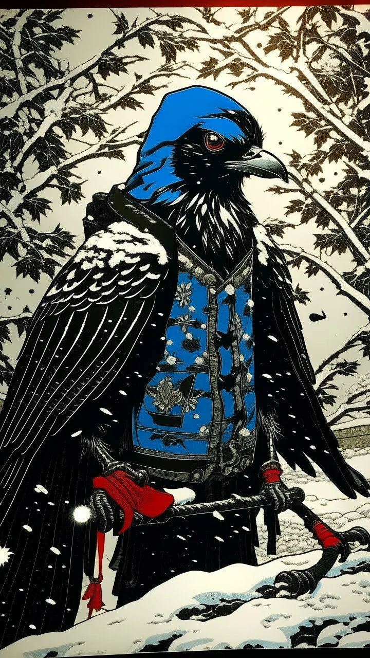 A contemporary serigraphy portrait by Kuniyoshi and Kunisada of a crow adorned in a punk leather jacket within a snowy Christmas atmosphere.