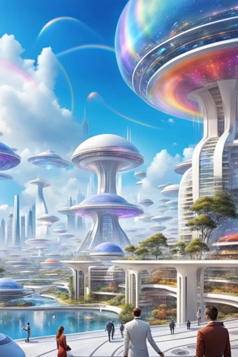 ville futuriste ultra moderne, ufos, rainbows,intergalactic city