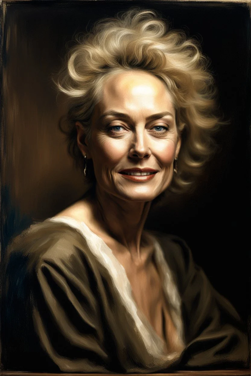 Sharon Stone on set painted by Rembrandt