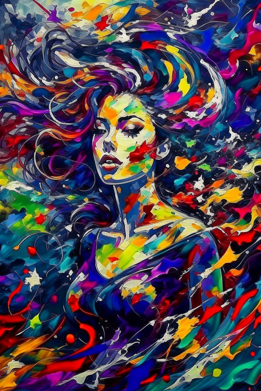 Abstract painting about a beautiful woman and her chaotic life, chaos, stormy, explosive, weird but exceptional art, thick paint strokes, dark colours, realistic