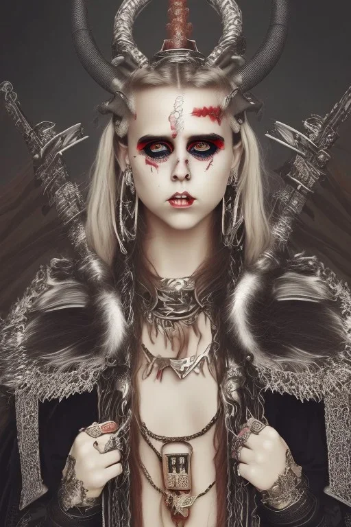 Danish singer MØ face, darkness style witch smiling end hell sureal blade high blood horn samurai