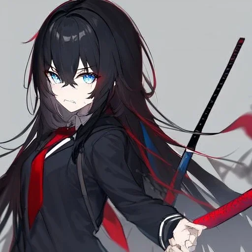 Clear focus, High resolution, long black fluffy hair, blue eyes, wearing a black sailor uniform, red tie, yandere, rough line sketch, dark aura, holding a katana, hair between eyes, 1girl, standing in grey sand, scary