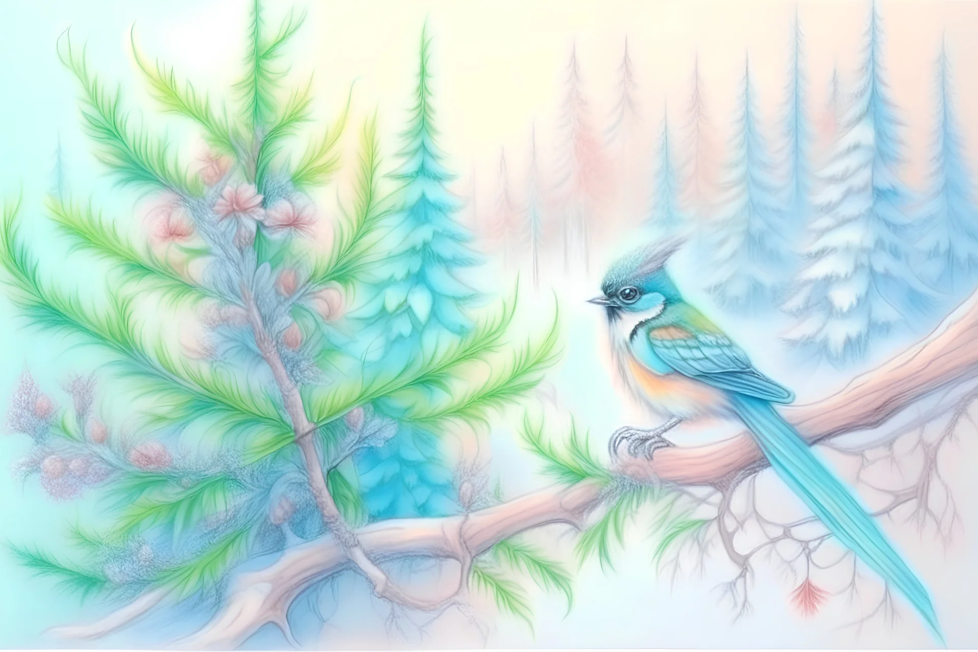A drawing with colored pencils, a fluffy emerald branch of a spruce with snow, on which jays sit with a rowan in their beak, delicate, soft lines, pastel tones, blue, white, pink, lilac, mint,orange, green, yellow, shabby chic mystic style, a fairy tale, in the background a fabulous forest,by Beautiful in winter, super-hyperrealism, high quality