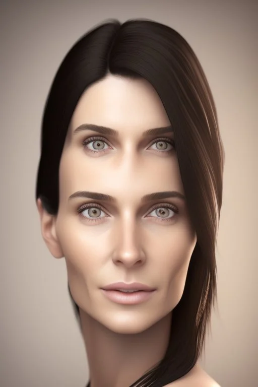 realistic, (39yr old female)without makeup, Caucasian beautiful face, angled head position, dark hair, studio lighting, cinematic light, beautiful woman, milk beige middle hair, perfect anatomy, on white background, 8k Resolution, highly detailed, non-symmetrical body a, detailed hairstyles and skin texture