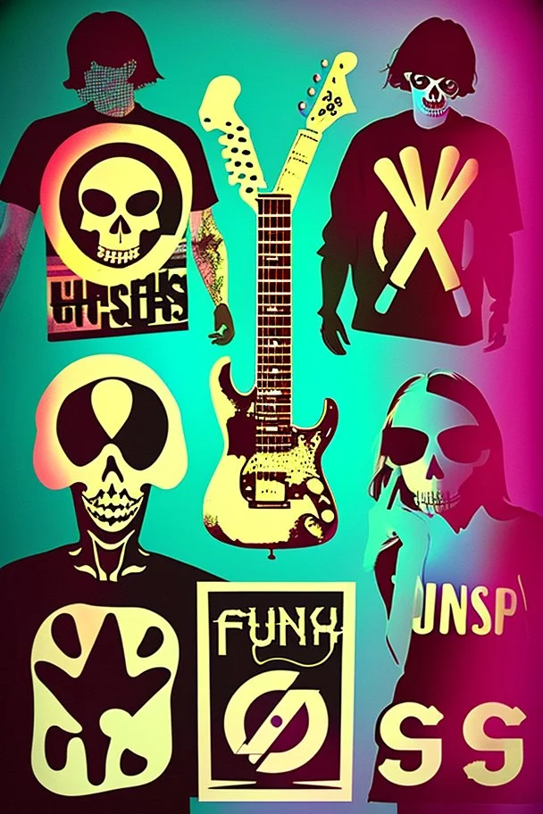 upclose tshirt print of a band,"Mashup" & "Cozy Condition", cool and trendy 90s funk vibe, selective colors, skeleton shadow figures, drums, guitars, fluits, chaotic