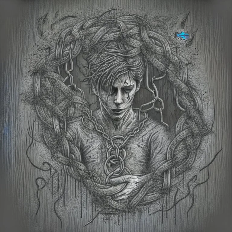 Generate a sketch that depicts a trapp in the clutches of addiction, with visual elements symbolizing the allure and dangers of substance abuse, such as dark shadows, chains, or swirling vortexes