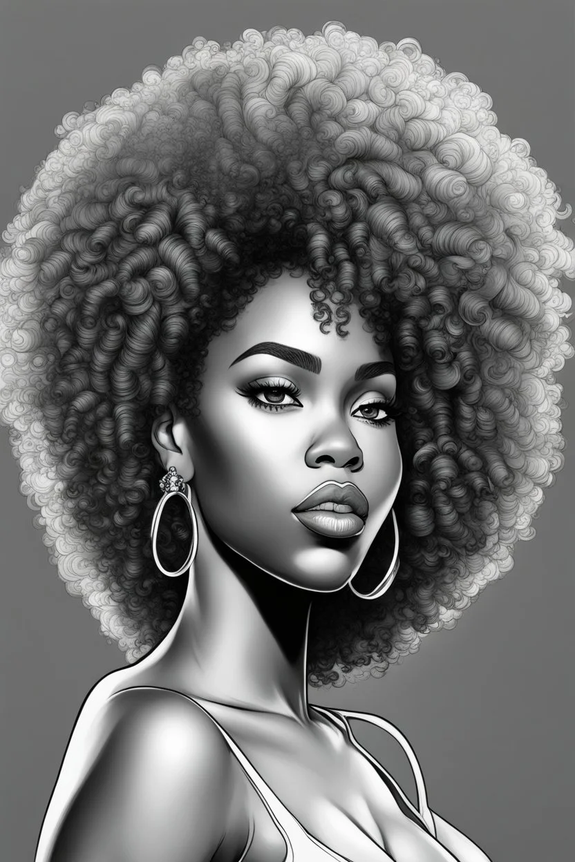 Create a coloring page of a beautiful curvy black female looking to the side with la curly afro. No shading, No color, define lines, clean lines