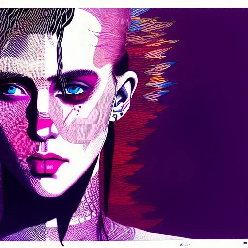 singer Danish MØ face, punk, hyper detailed, intricately detailed, illustration by <kilian eng> <Yoji Shinkawa>, purple tones,