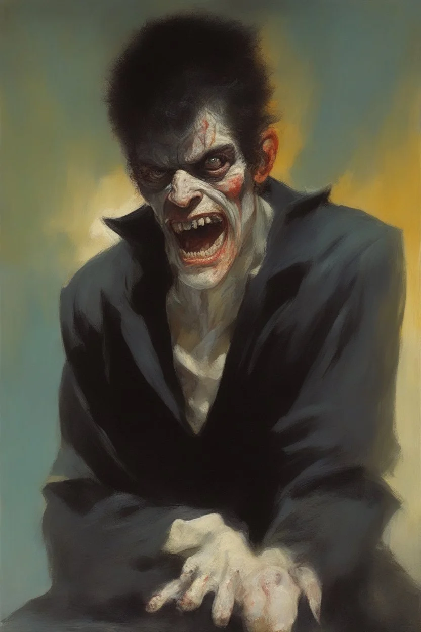 oil painting by Frank Frazetta - a vampire/werewolf hybrid, male, A horribly disfigured and ugly, putrid and disgusting, revolting and deformed, young, nosferatu, detailed, horrific ulcers, dark room, hood, scars, black track suit, scab, black hair - Sun flares, sunbursts - a colorful gradated multicolored, dark red and light red background