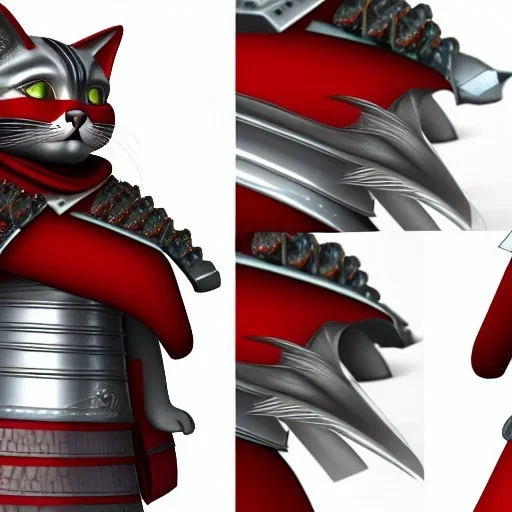 Chat, Modélisme trois dimensions, anthropomorphique, habillé comme un samurai, armure rouge et argent très détaillée, réalisme