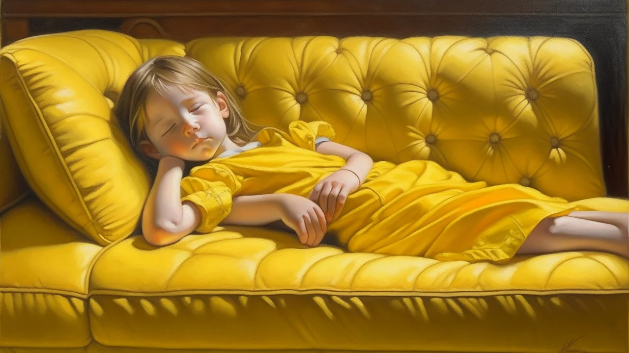 Neoclassicism child girl sleepping in a sofa painting yellow realistic cote d'azur