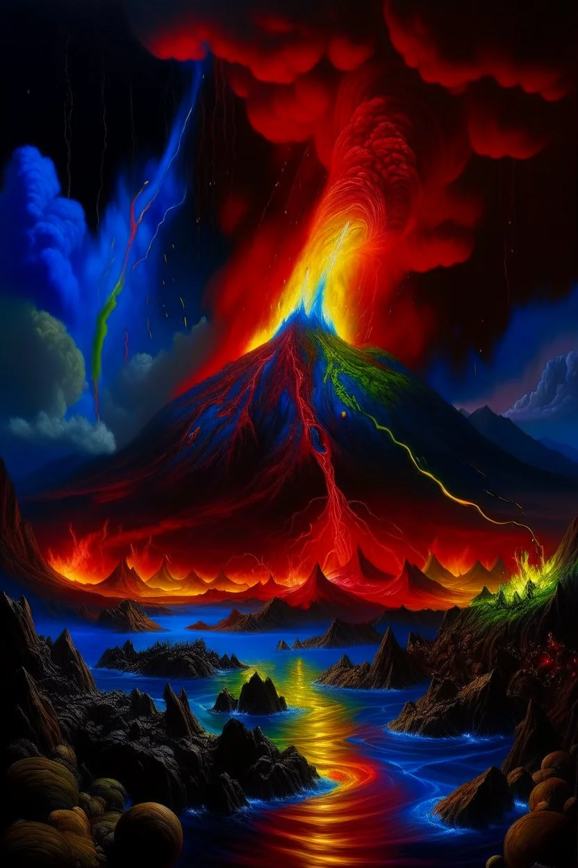 fire, lightning, wind, rain, volcanic lava, fireworks, explosions, multicolored neon lights, Count Dracula in the art style of Boris Vallejo, oil paint on canvas, 32k UHD, hyper realistic, photorealistic, realistic, life-like, extremely detailed, extremely colorful, sharp beautiful professional quality,