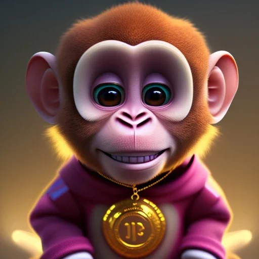 pixar style anamorphic cute monkey baby, smiling,gangsta gold neckless, full body, magenta puffer jacket, manila city backdrop, dramatic lighting, hyper realistic, unreal engine 5, 16k