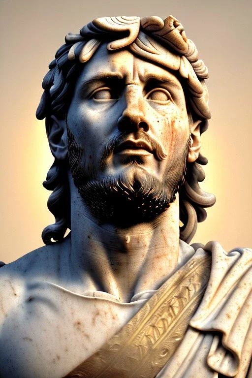 Ultra Realistic image, Roman sculpture, white marble material, Lionel Messi, gold Laurel leaves wreath, renaissance ornaments, one gold star in heart, sun ornament, sun rays background, chisel style, waist up portrait, emperor style, epic, celestial, cinematic lighting, God light, god rays, 4k resolution, smooth details, ornate details, soft lighting, unreal engine 5, art station, substance 3d.