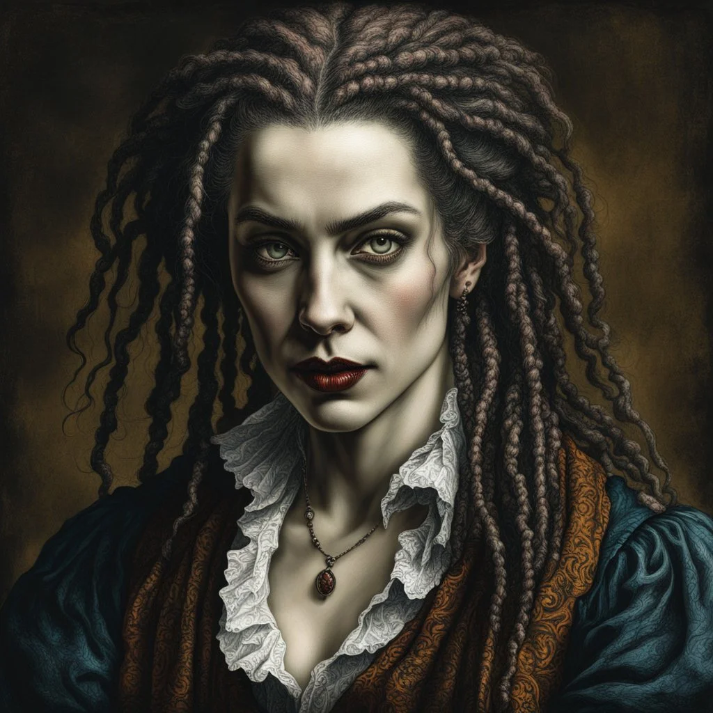 colored etching of a raggedly dressed, malevolent, predatory French female vampire , with highly detailed beaded dreadlock hair and facial features ,in the style of Rembrandt, Gian Lorenzo Bernini, Johannes Vermeer, and Ann Chernow, with a fine art aesthetic, highly detailed , realistic , 4k UHD cinegraphic quality