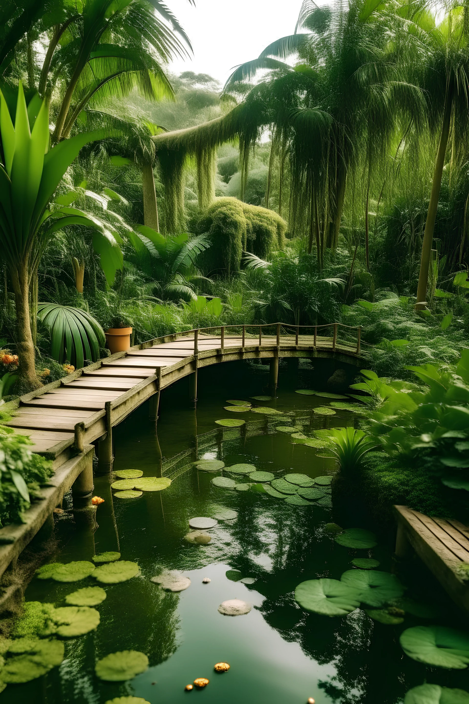 ein bezaubernder garten mit wasser und brücke und pflanzen wie aus dem jungle