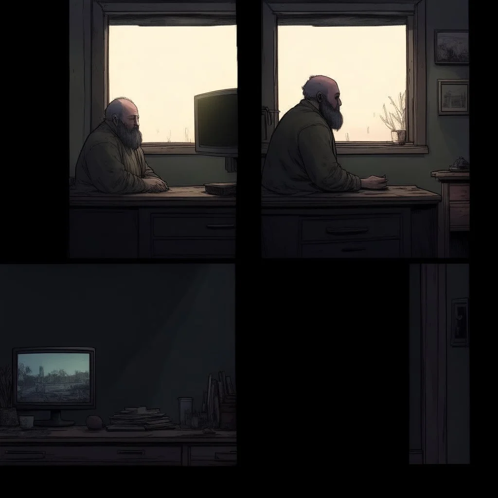 comicbook, 2 panels, muted colors, in the left panel, a fat, bearded man watches the tv, (in the right panel, (side angle view:1.2)of the tv), background is a haunting dimly lit, decrepit room.The atmosphere should be chilling, with shadows and decay adding to the eerie ambiance.