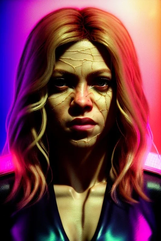 portrait, Shakira, blonde, angry, Realistic image, superhero, watchmen style, make-up, gold line make-up, sweat, fog, goddess style, Neon colors, leds. Black background, photo studio, concept art, smooth, unreal engine 5, god lights, ray tracing, RTX, lumen lighting, ultra detail, volumetric lighting, 3d, finely drawn, high definition, 4k.