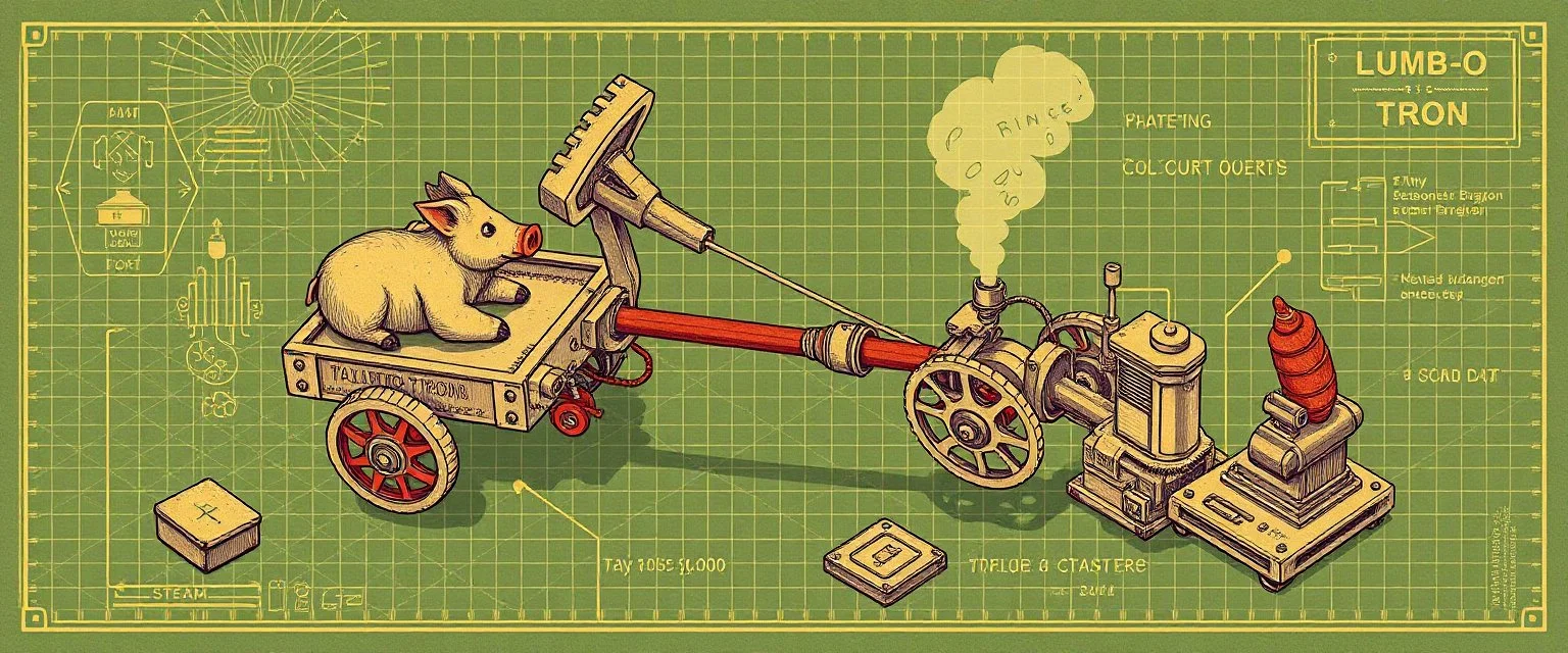 isometric blueprint of hi tech metal gear Gnome invention, winning prize at gnome convention, The Lumb-O-Tron A jury-rigged combination of a cart, pulley system, and an axe designed to chop down trees. The motion is powered by {a yoga pig in a wheel treadmill spurred by a carrot on a stick | a crude stationary bicycle | a tiny steam engine heated by a red pseudodragon in the chamber}