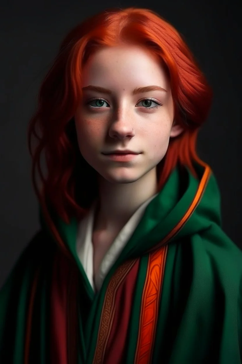 A pretty girl with red hair and green eyes and she is wearing a Hogwarts robe