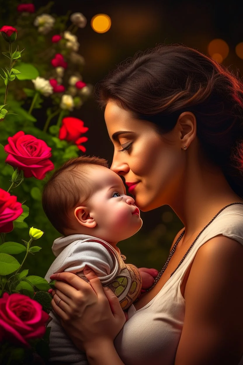 A mother holding a baby with love and compassion, great quality picture show flowers in the background in a romantic scene