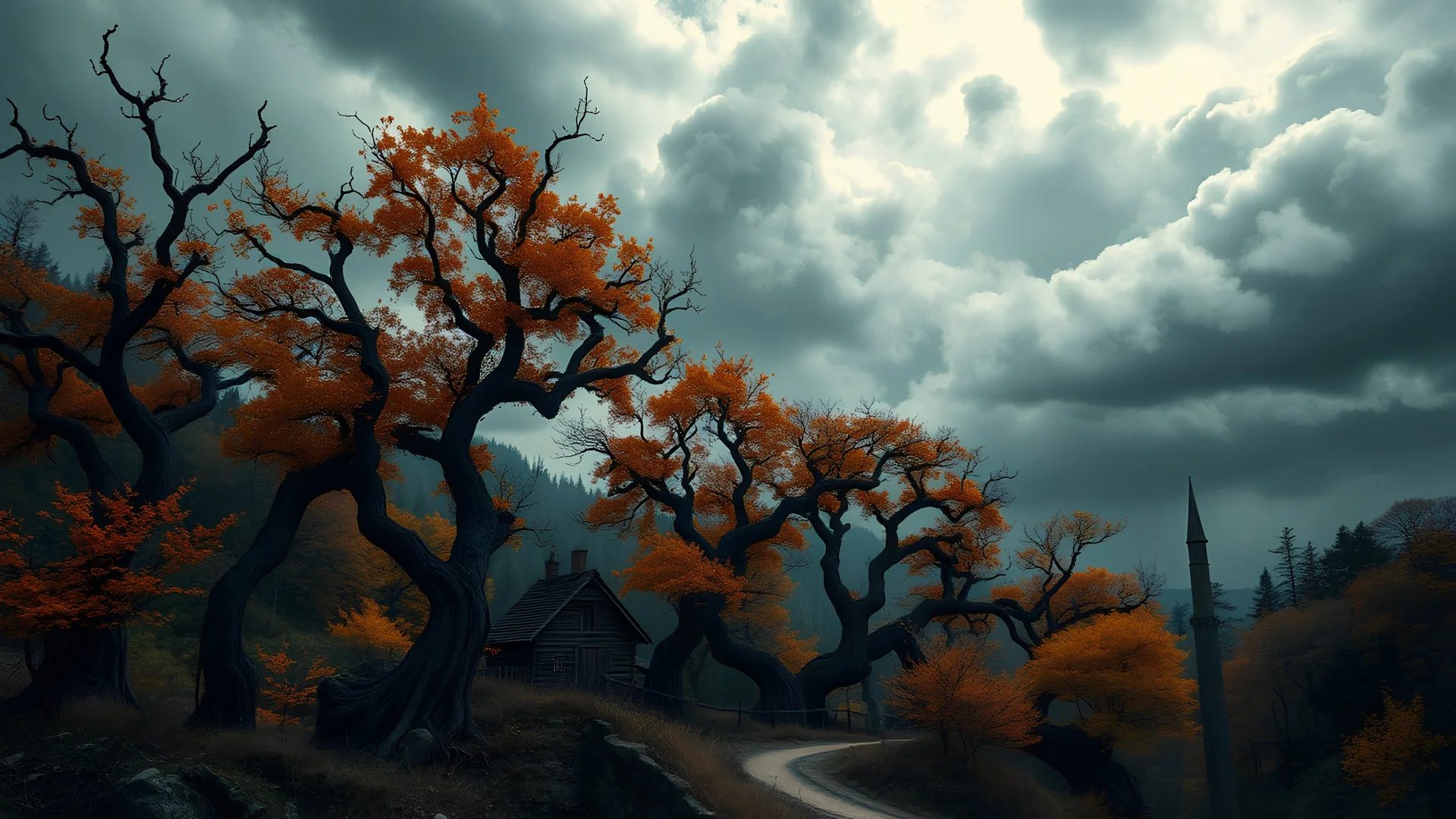 trees in the otherwise dark and oppressive land in faraway fairy tale village, orange, yellow, where the trees twisted like gnarled fingers and the skies brooded with stormy clouds, 8k, high quality, trending art, trending on artstation, sharp focus, studio photo, intricate details, highly detailed, by tim burton