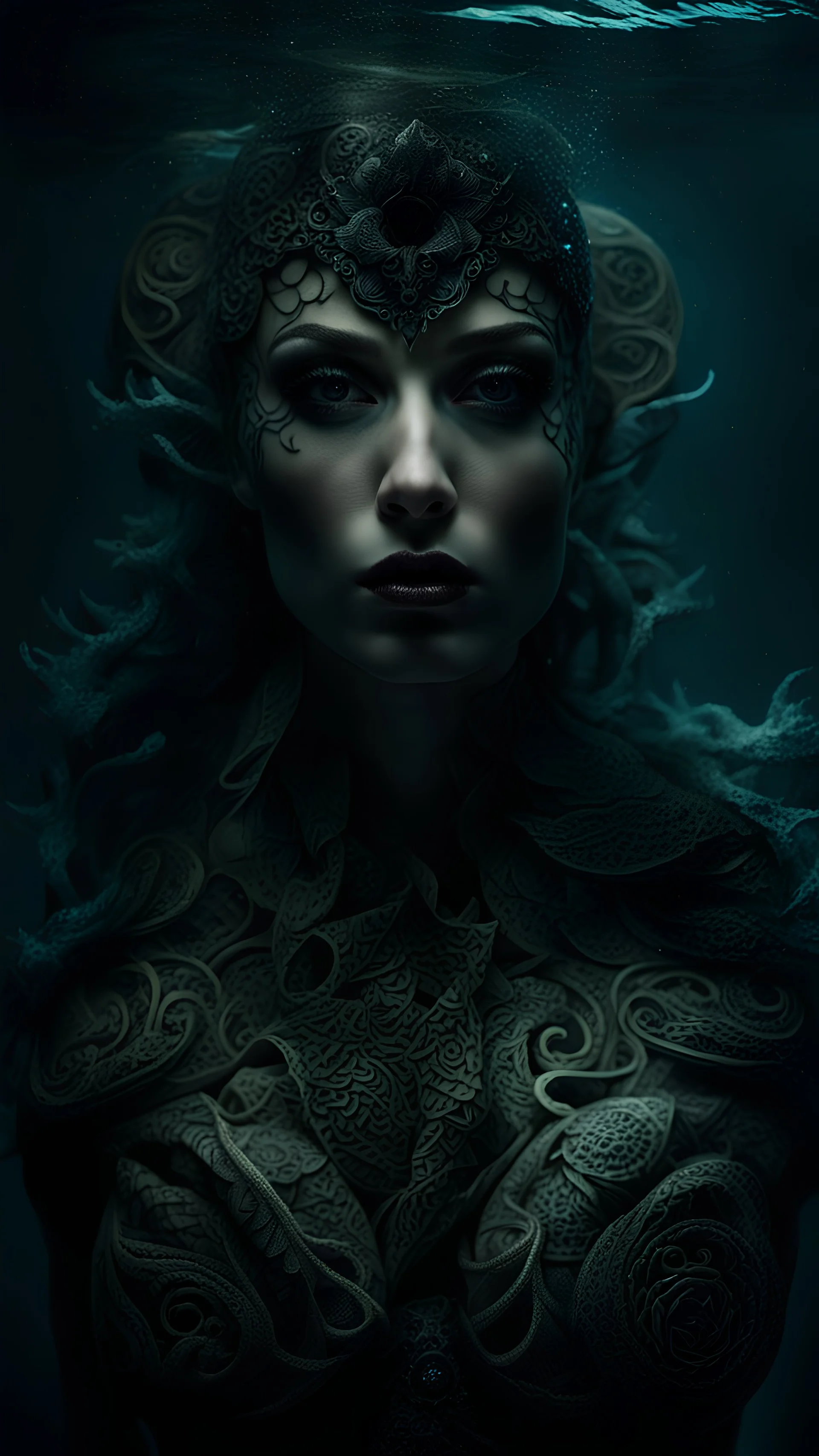 dark fantasy, siren, tattoed, full body to knees intricate details, insane details, volumetric lighting, ominous atmosphere, ominus lights, spectral atmosphere, underwater scenario, modelshoot style
