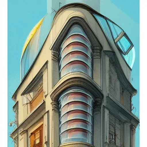 A Vignola classicism Architecture building with futuristic glass building +detailed facades+highly detailed++ Book illustration by Gediminas Pranckevičius, Jean Baptiste Monge, Brian Kesinger, Anton fadeev, strong lines, high contrast vibrant colors, 16k resolution, trending on behance""