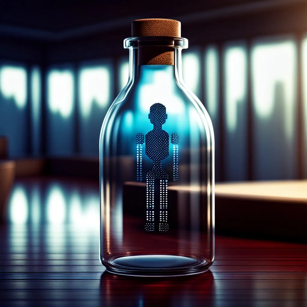 A digital message in a glass bottle. The message is the creation of artificial intelligence.